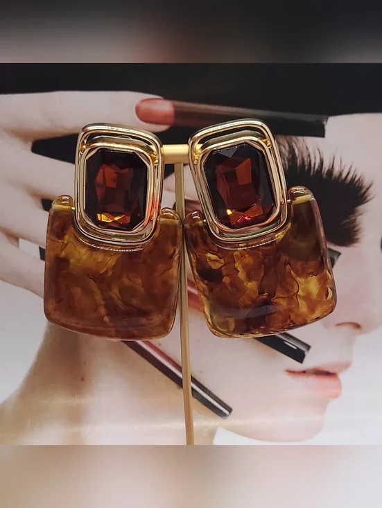 Vintage Retro Large Crystal Rootbeer Geometric Doorknocker Gold Drop Earrings - Picture 3 of 14